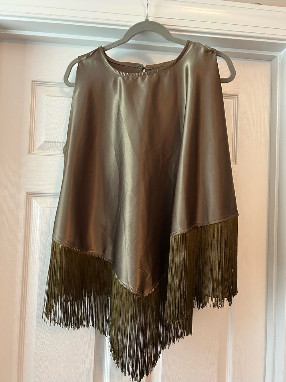 Olive Fringe Satin Sleeveless Top